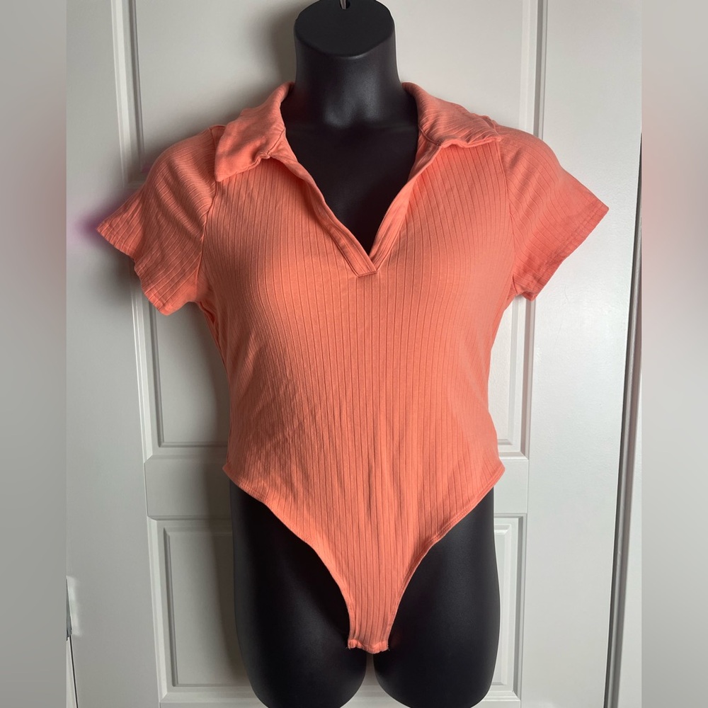 Peach Ribbed Collared Bodysuit | Short Sleeve Stretch Knit Top